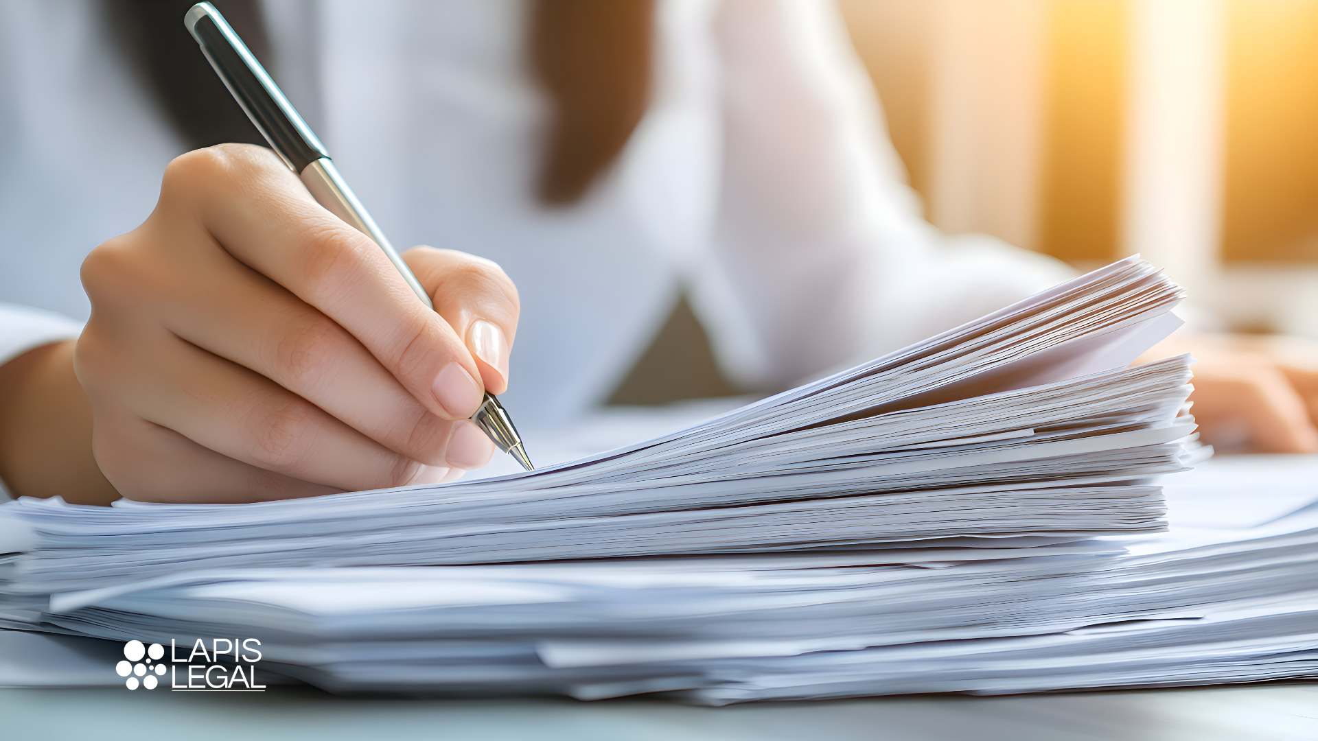 Person writing on a stack of documents, lapis legal logo