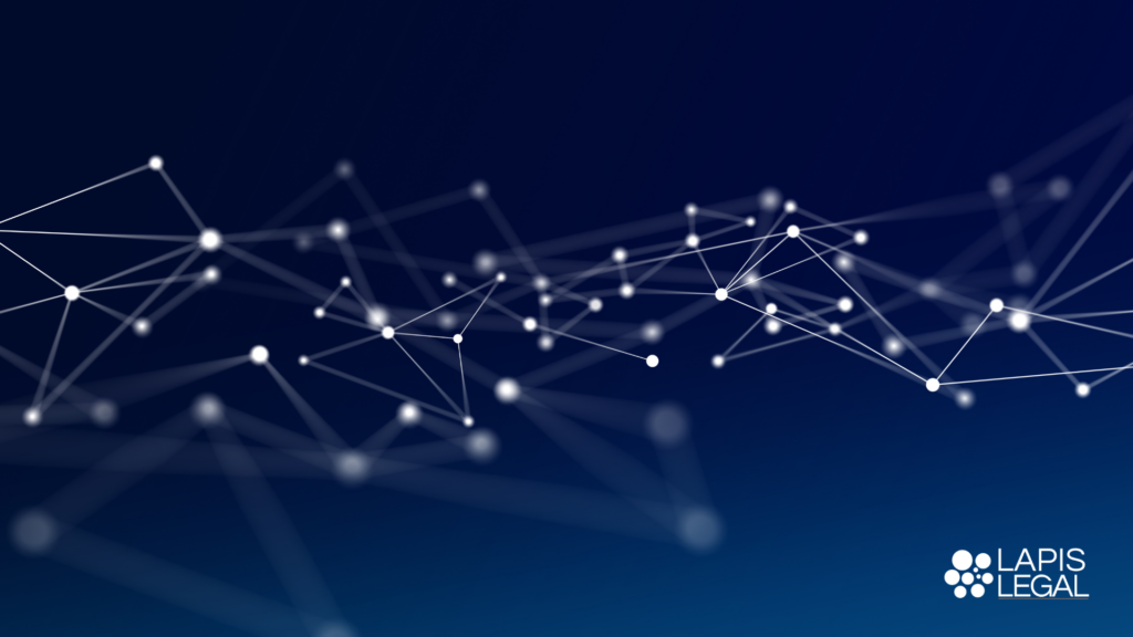 Abstract digital network of glowing white dots and connecting lines on a dark navy blue background