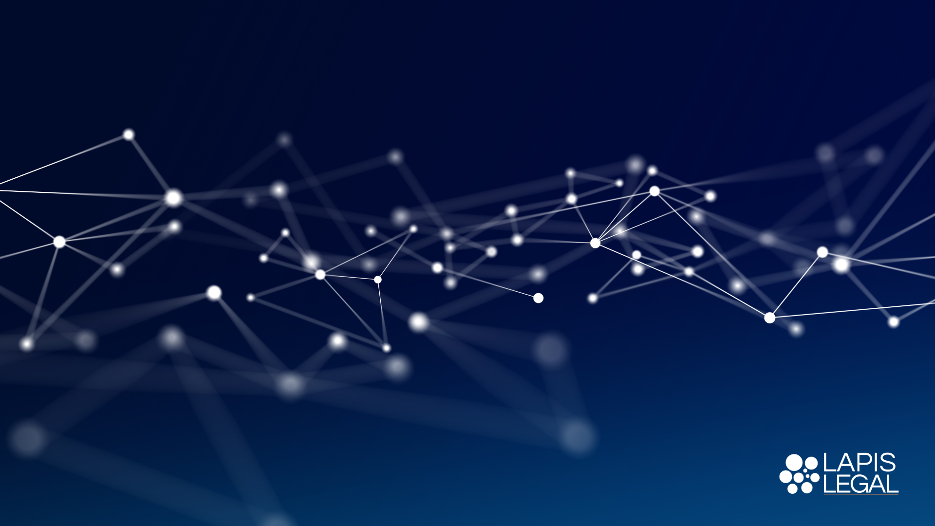 Abstract digital network of glowing white dots and connecting lines on a dark navy blue background