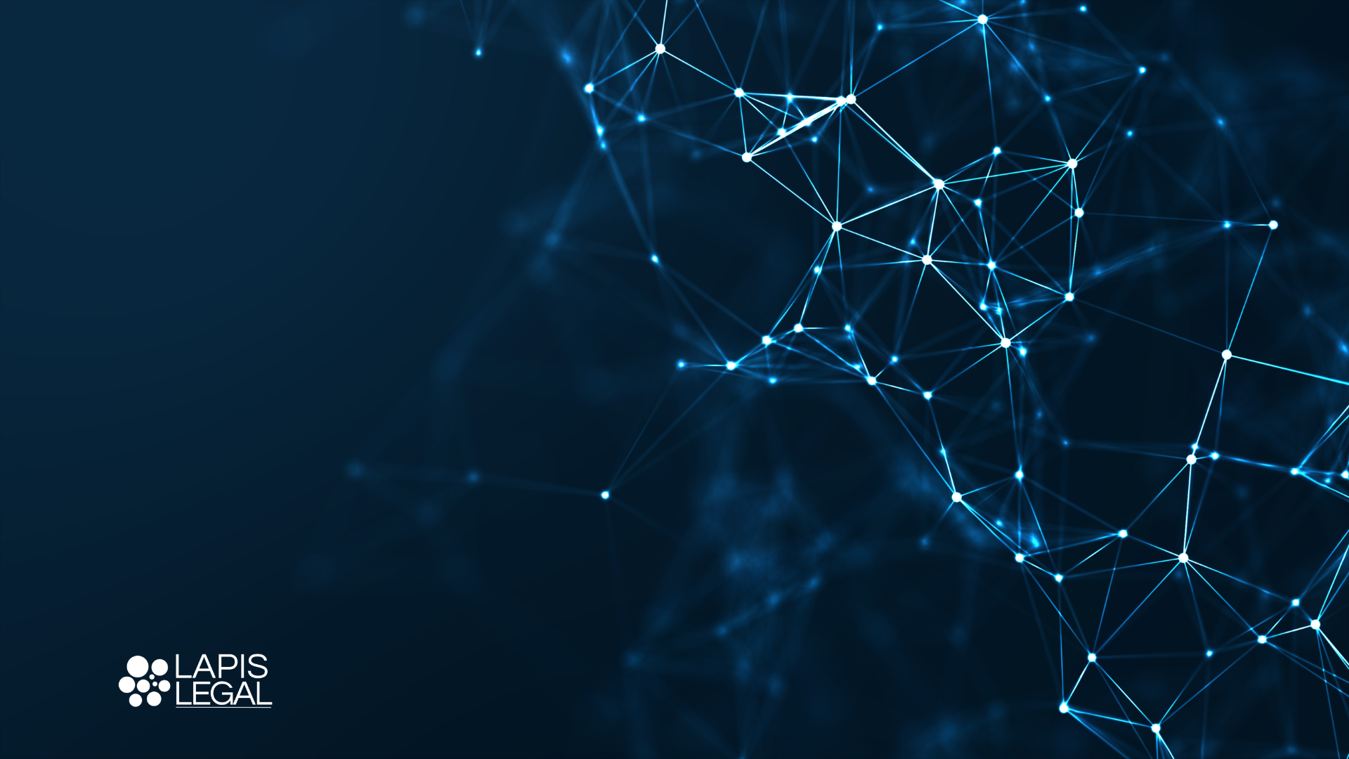 Abstract digital network of glowing white dots and connecting lines on a dark navy blue background and Lapis Legal Logo